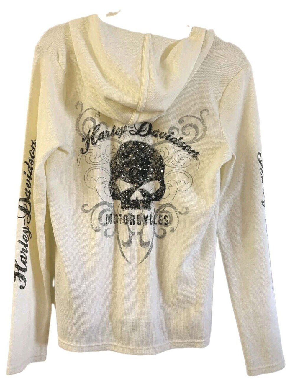 Y2K Harley Davidson Waffle Knit Lace Up Hoodie Scroll Skull Henley Cream Top
